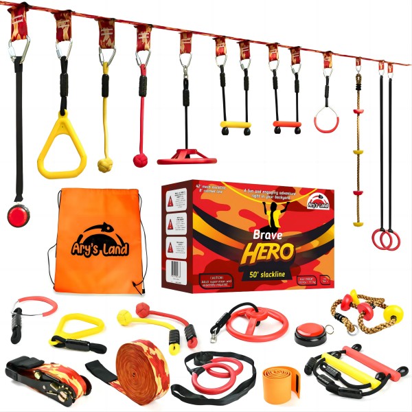 ARY'SLAND 儿童障碍训练场 - 带 11 个配件和包、蜂鸣器按钮、体操环、猴杠、攀岩绳等等 - 坚固的 50 英尺忍者战士儿童障碍训练场