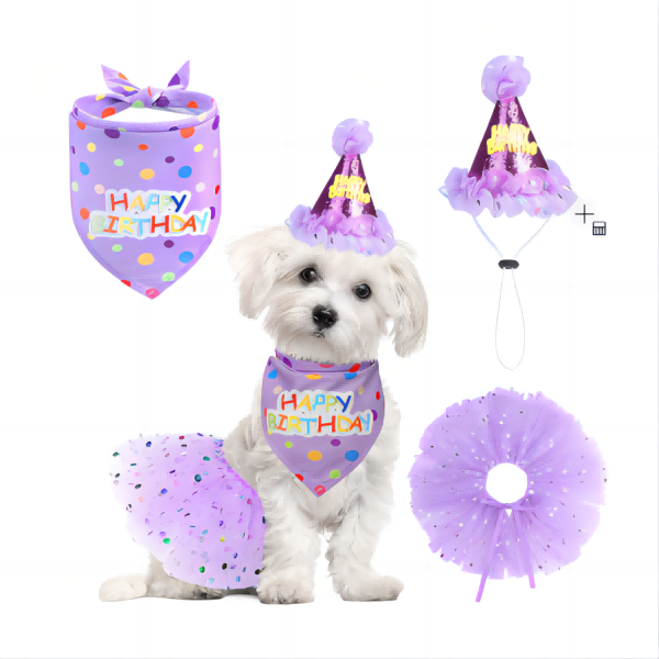 Pañuelo de cumpleaños de perro con sombrero y vestido para niñas